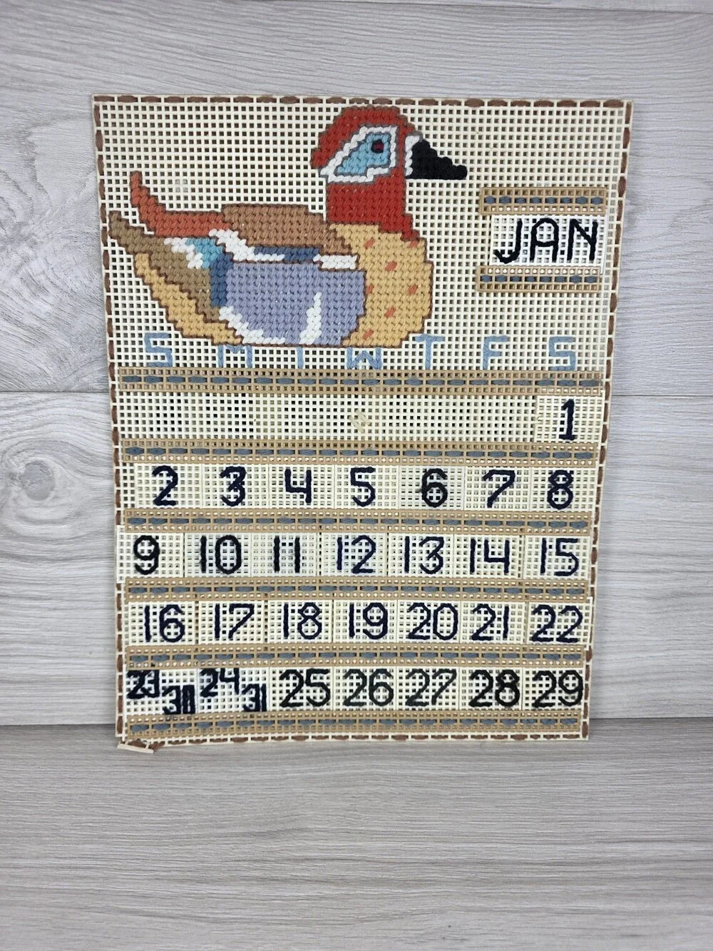Plastic Canvas and Yarn Wall Calendar Stitched Duck Motif Rustic Farmhouse SU11